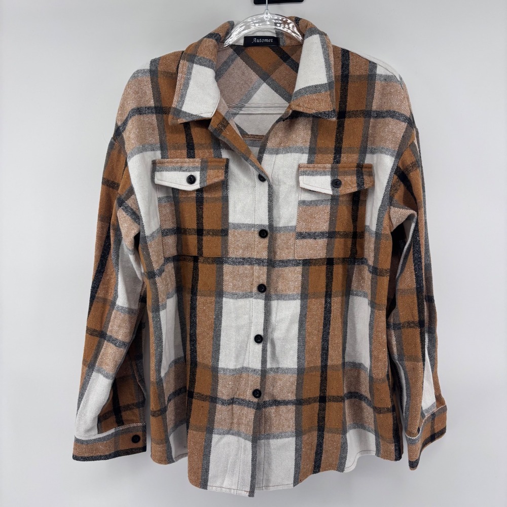 Womens Plaid Flannel Shirt Jacket Brown White Oversized Button Up Shacket